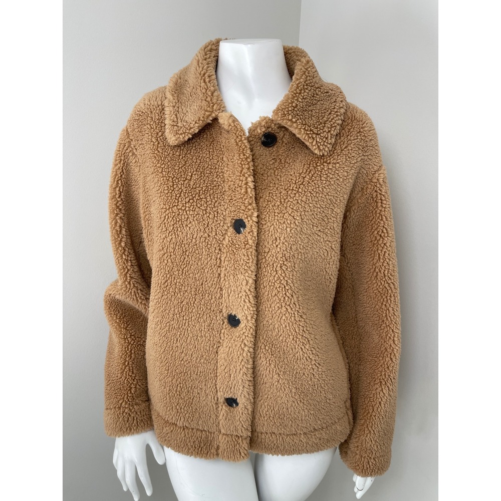Uniqlo Womens‎ Fleece Pile Lined Jacket Small Camel Tan Cozy Button Up Coat S